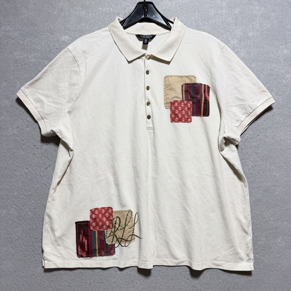 Lauren Ralph Lauren Cream Patchwork Piqué Short Sleeve Polo Shirt Top Women’s 3X